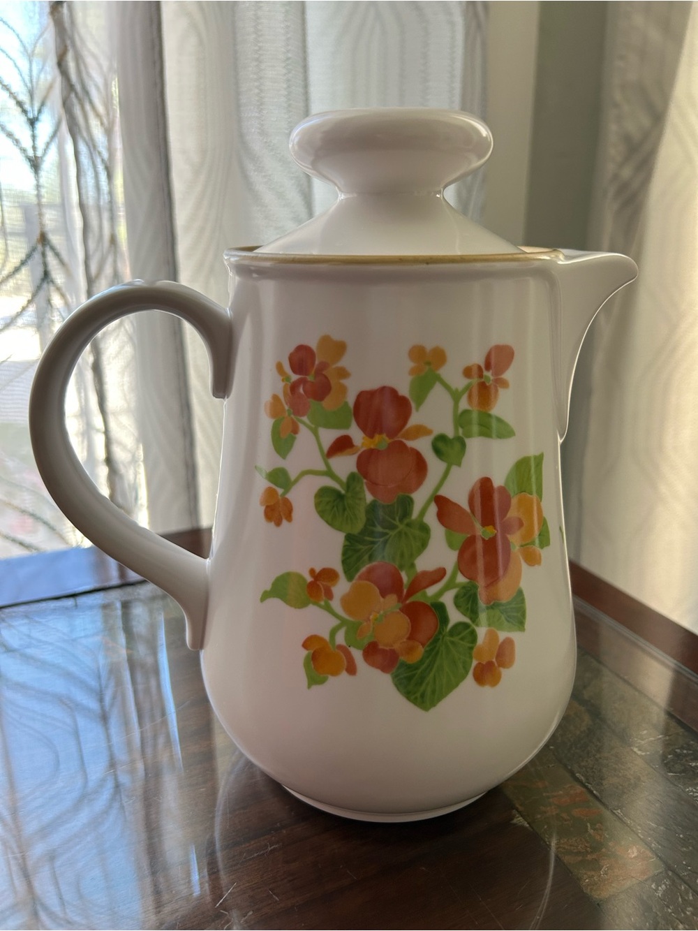 Noritake White Porcelain Pitcher with Orange Floral Motif and Gold Trim